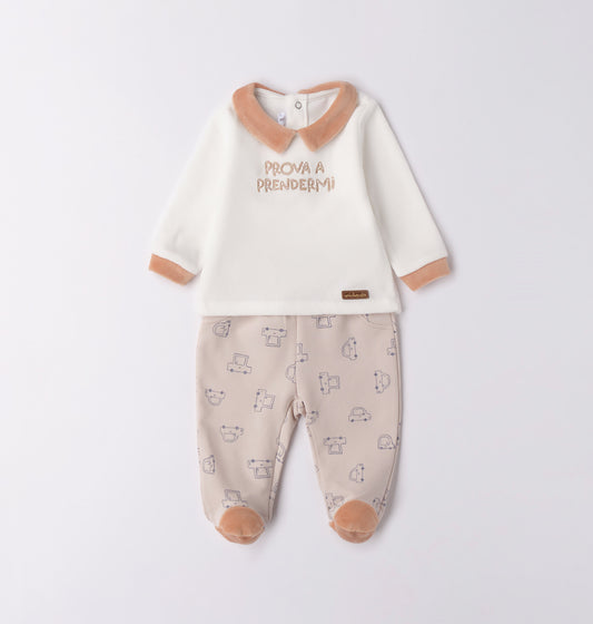 Minibanda Baby Boy Beige & Ivory Car Print 2 Piece Outfit