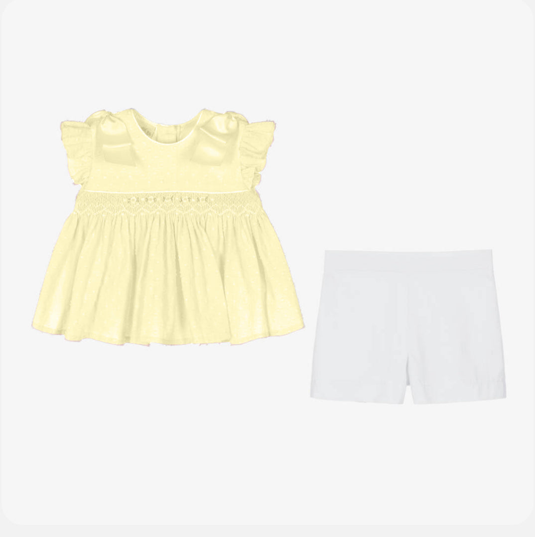 Pretty Originals Girls Yellow Smocked Shorts Set