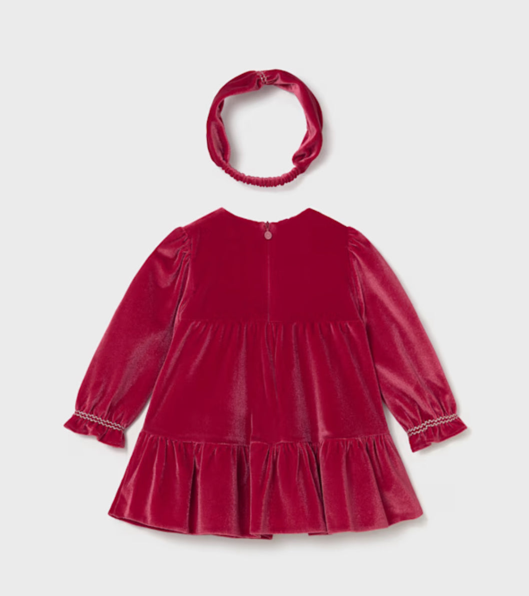 Mayoral Girls Red Velvet Smocked Dress & Headband