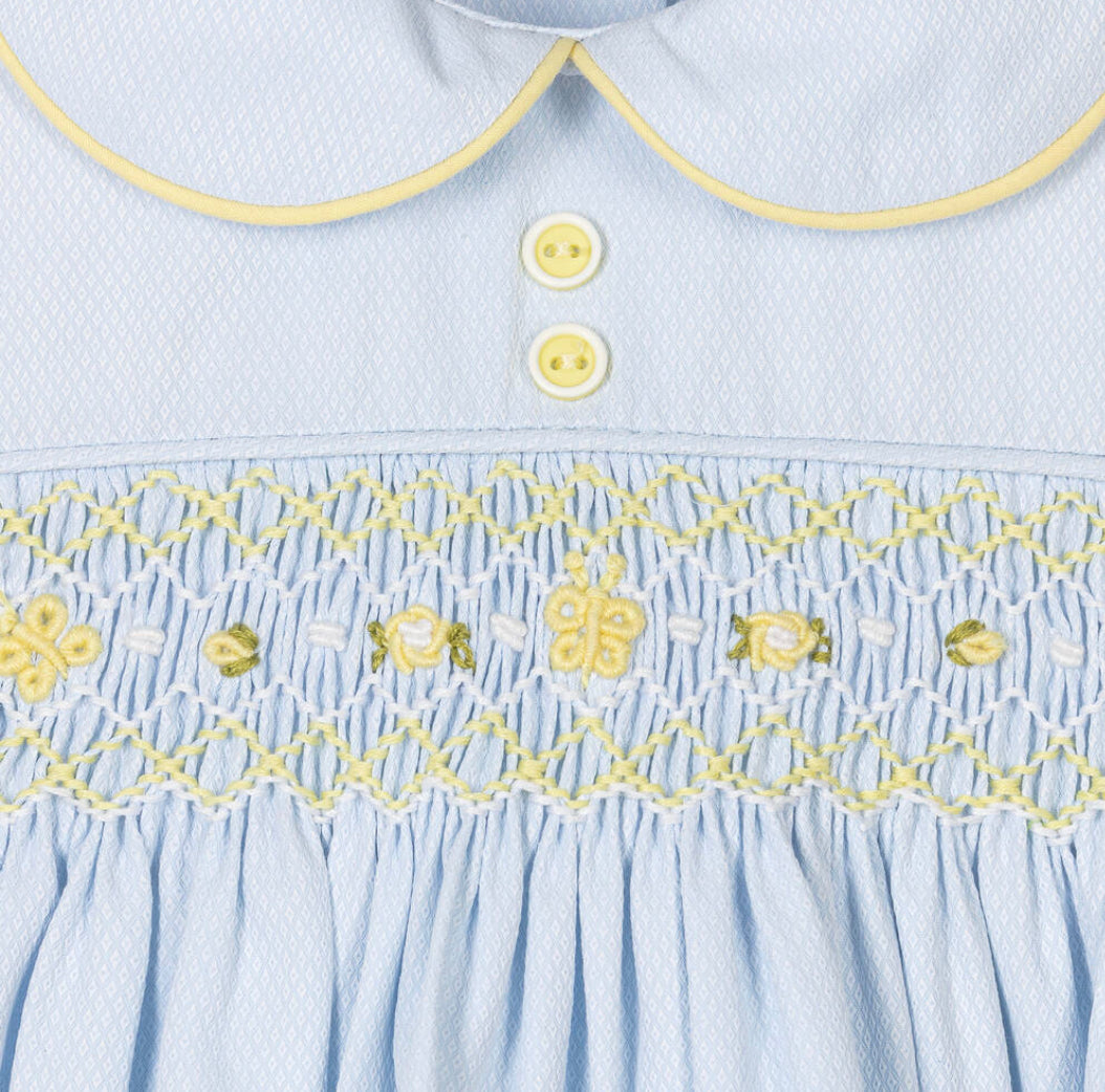 Pretty Originals Girls Blue & Yellow Smocked Dress Set
