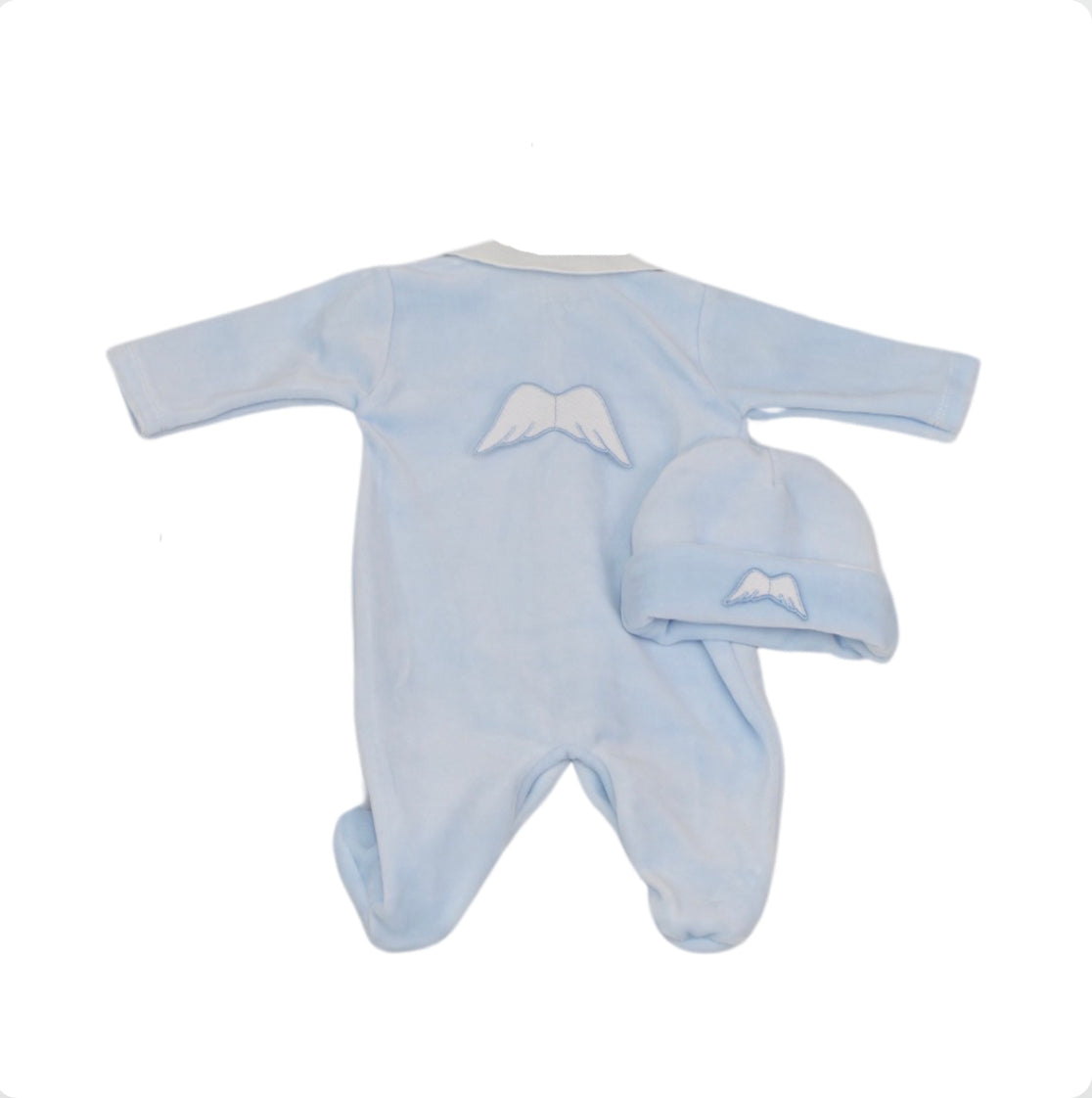 Baby Boy Blue Velour Angel Wing Babygrow & Hat Set