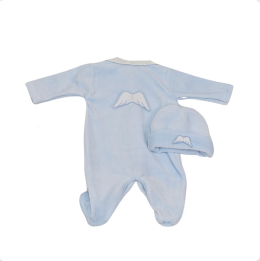 Baby Boy Blue Velour Angel Wing Babygrow & Hat Set
