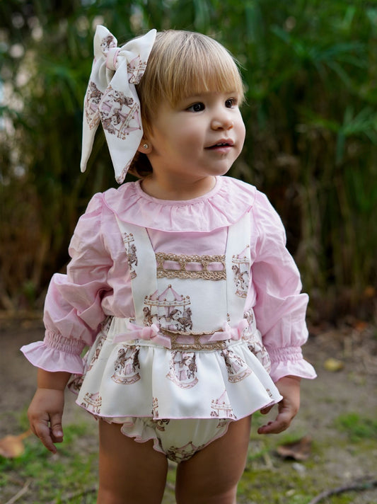 Babine Baby Girl Carousel Pink Blouse & Romper Set