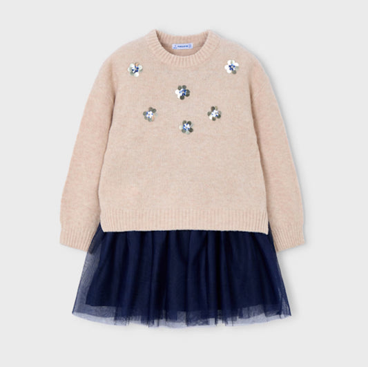 Mayoral Girls Beige & Navy Sparkly Dress Set
