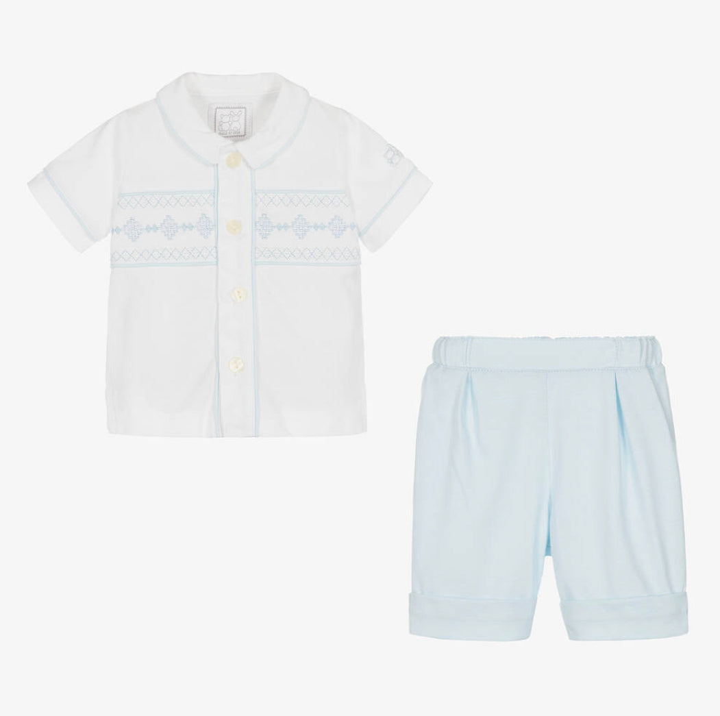 Emile et Rose Frank Baby Boy Blue & Ivory Cotton Shorts Set