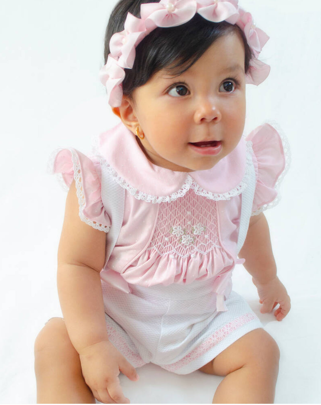 Pretty Originals Baby Girl Pink & White Smocked Shorts Set