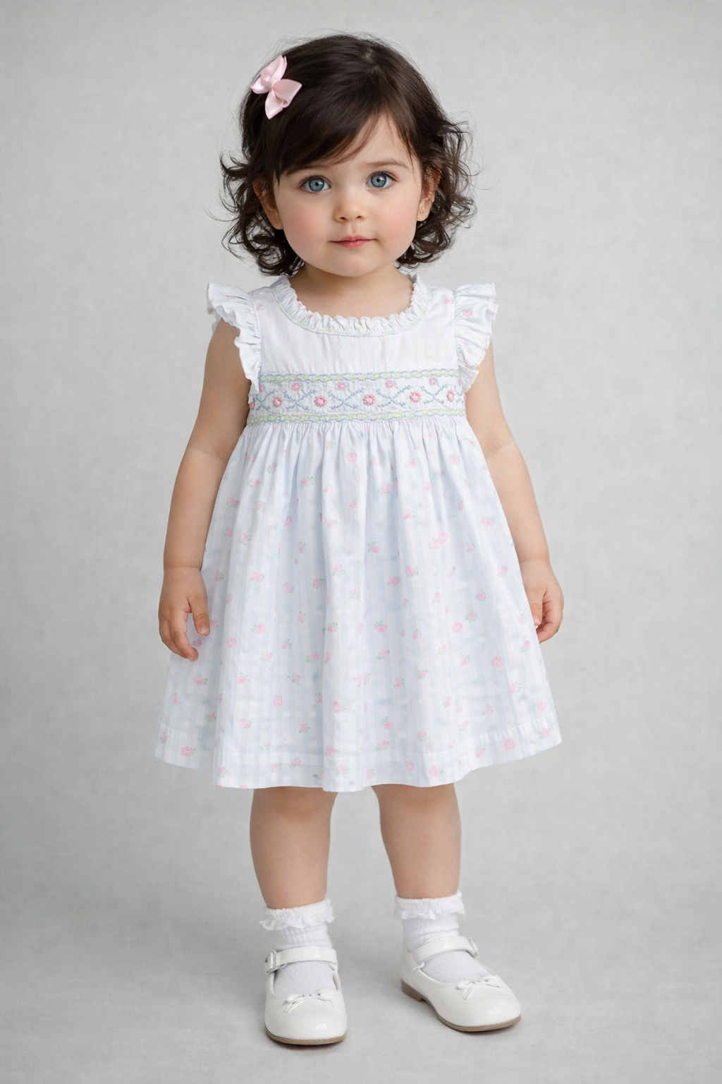 Pretty Originals Girls Pink, Blue & White Striped Smocked Dress & Headband