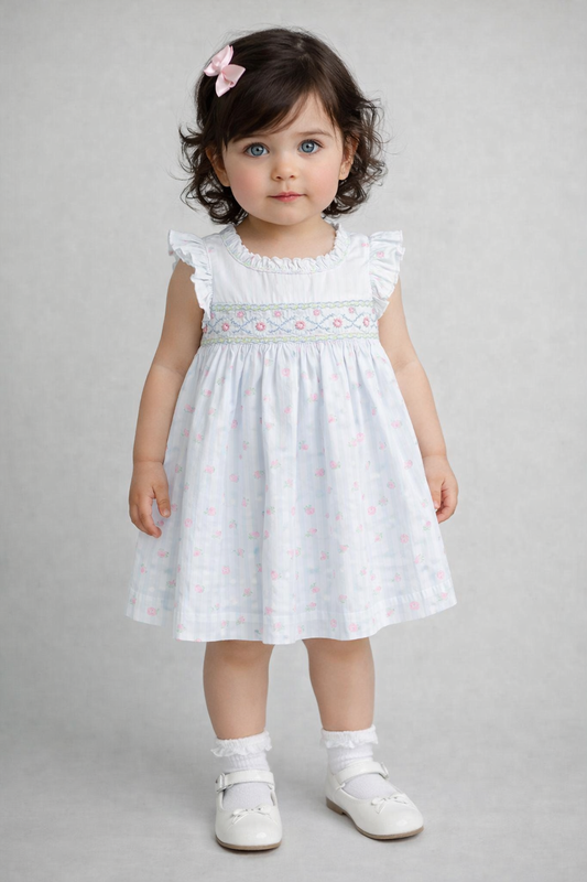 Pretty Originals Girls Pink, Blue & White Striped Smocked Dress & Headband