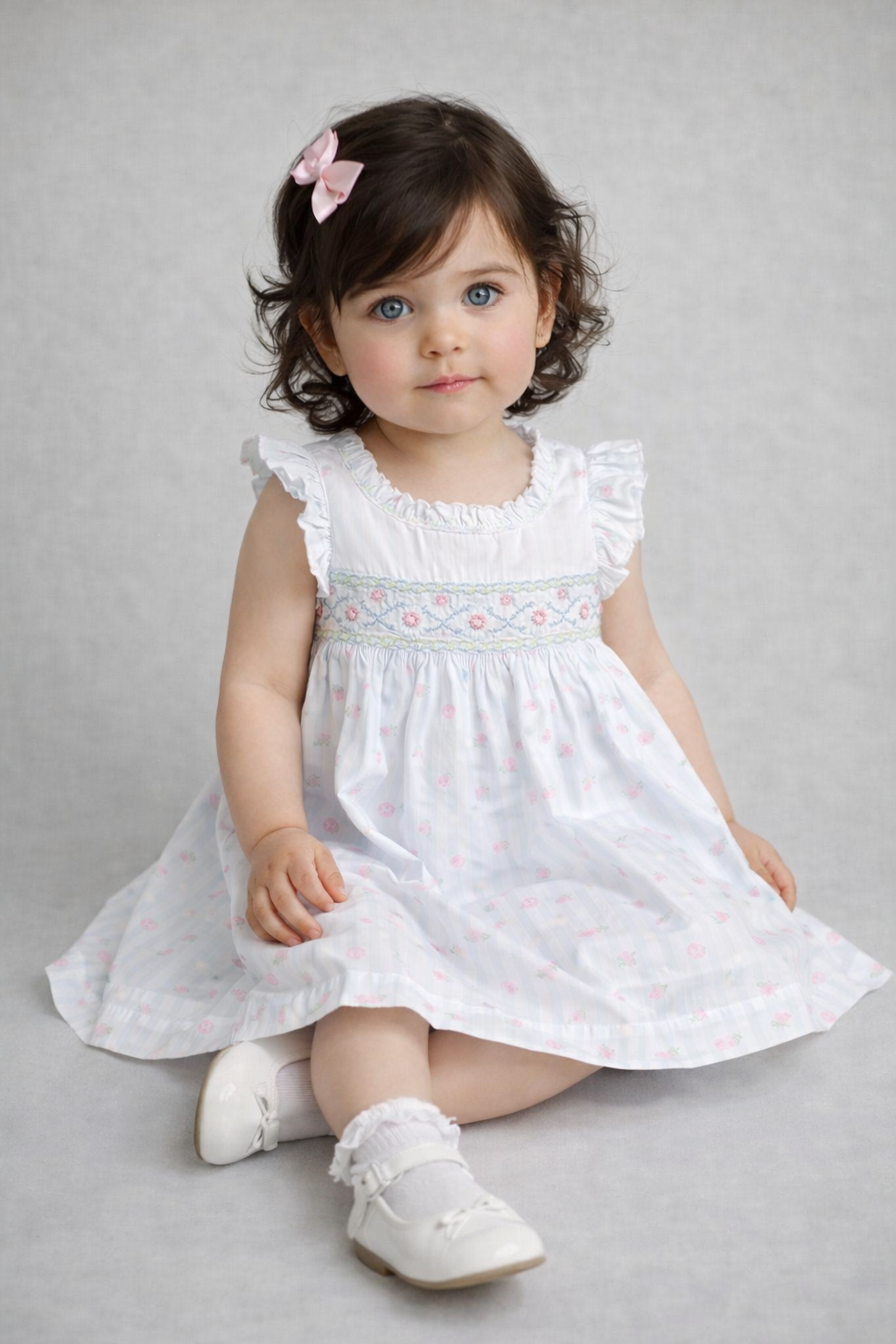 Pretty Originals Girls Pink, Blue & White Striped Smocked Dress & Headband