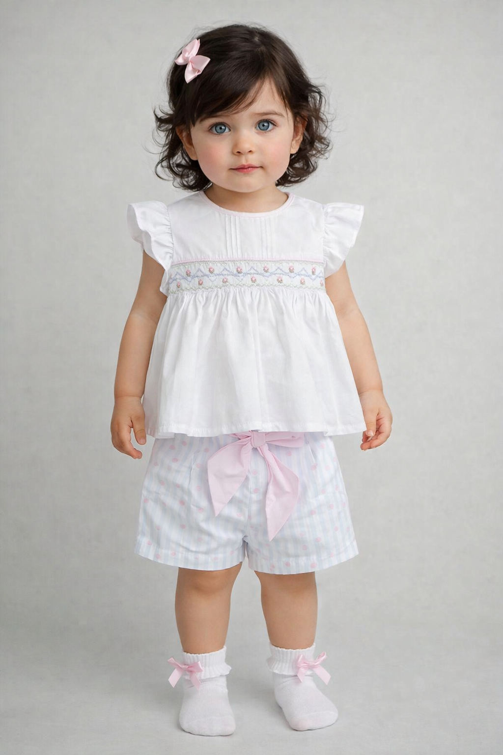 Pretty Originals Girls Pink, Blue & White Striped Smocked Shorts Set