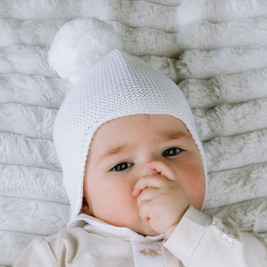 Emile et Rose Kenton White Unisex Baby Cotton Pom Pom Hat