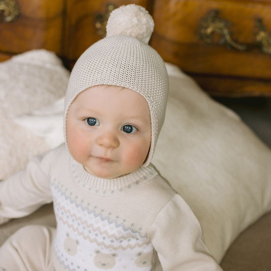 Emile et Rose Kenton Beige Unisex Baby Cotton Pom Pom Hat