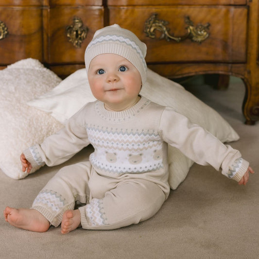 Emile et Rose Kristian Baby Boy Beige Cotton Knit Romper & Hat