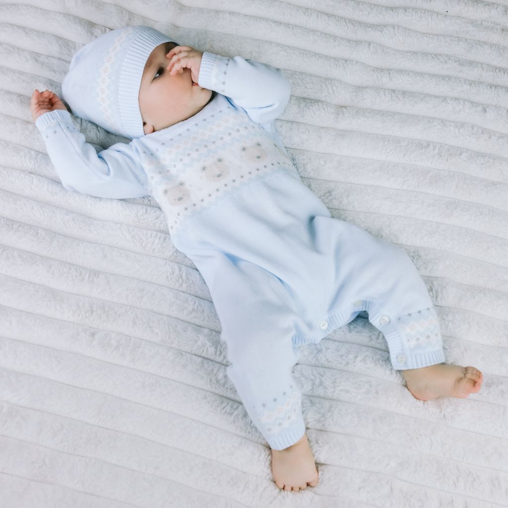 Emile et Rose Kristian Baby Boy Blue Cotton Knit Romper & Hat