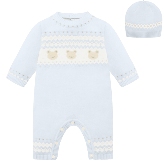 Emile et Rose Kristian Baby Boy Blue Cotton Knit Romper & Hat
