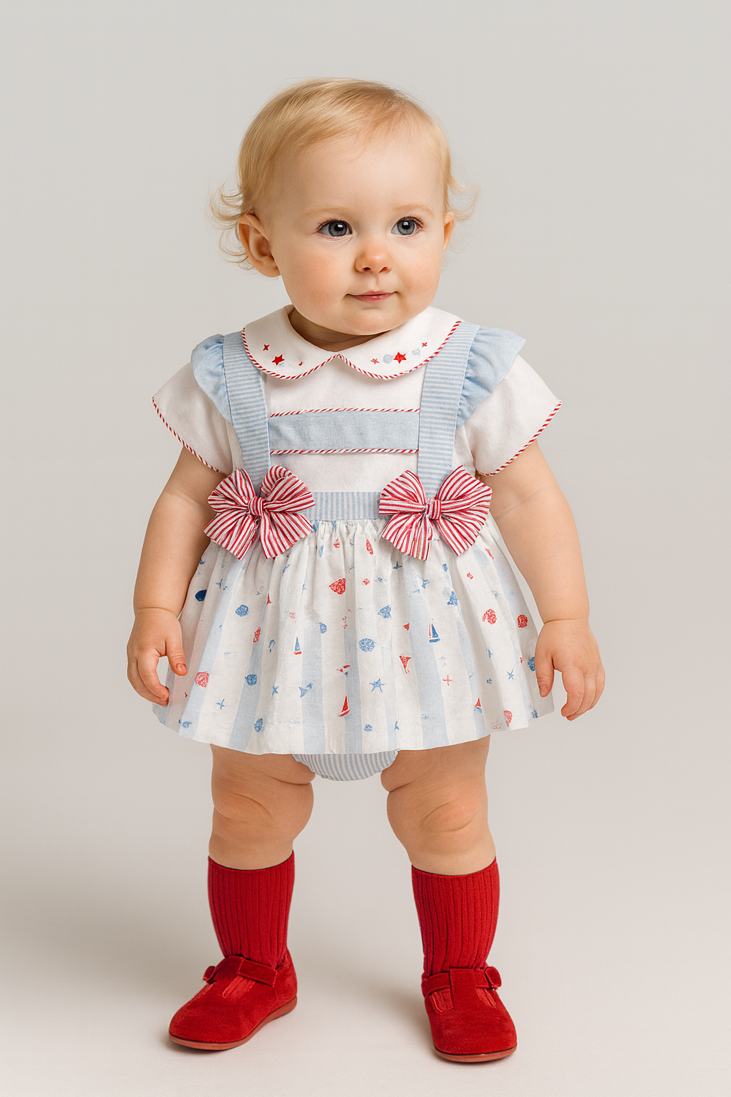 Pretty Originals Baby Girl Blue, White & Red Pinafore Dress Set