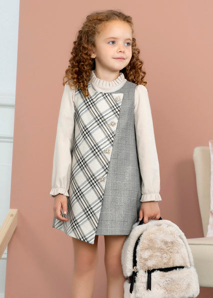 Abel & Lula Girls Beige & Black Pinafore Dress Set