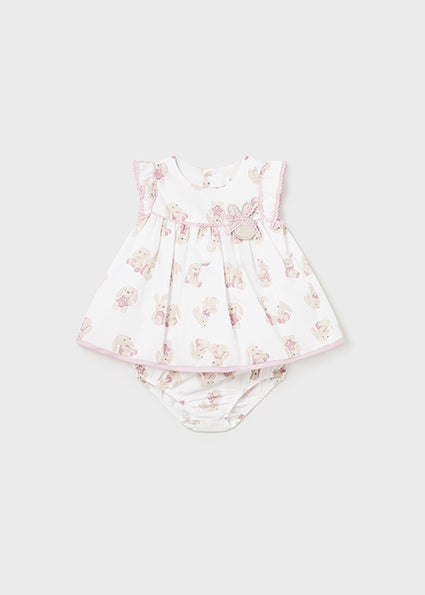 Mayoral Baby Girl Ivory & Pink Bunny Print Cotton Dress Set