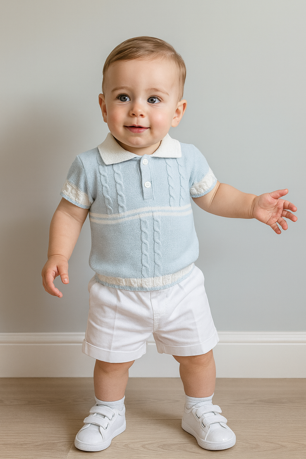 Pretty Originals Baby Boy Blue & White Cotton Shorts Set