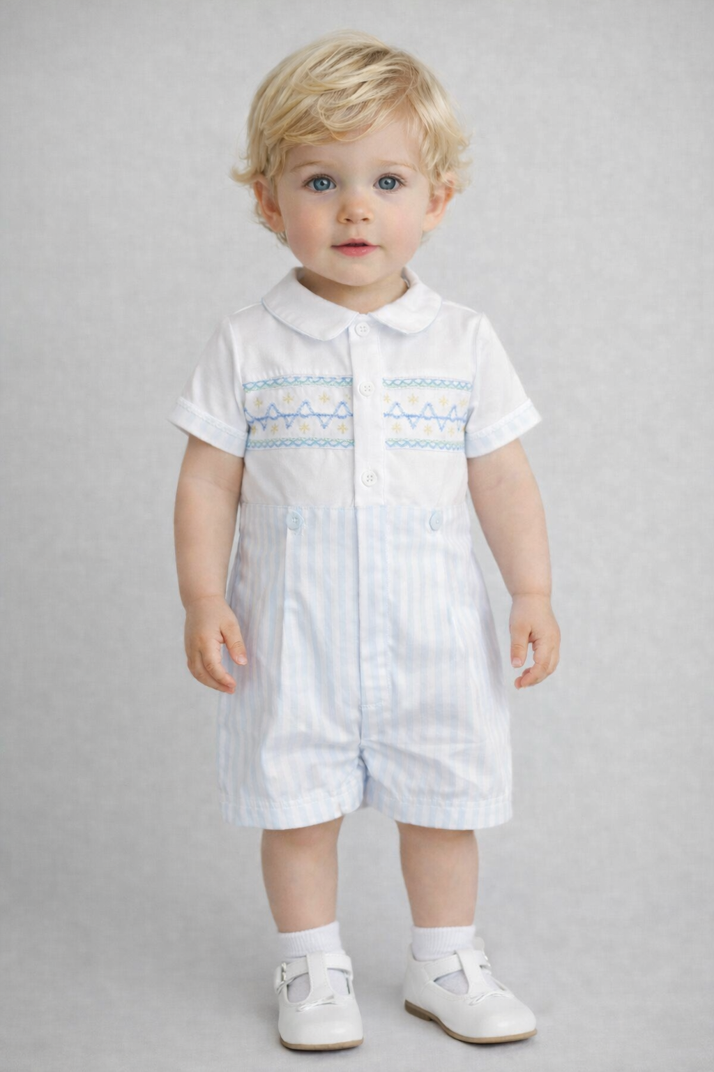 Pretty Originals Boys Blue & White Smocked Shorts Set