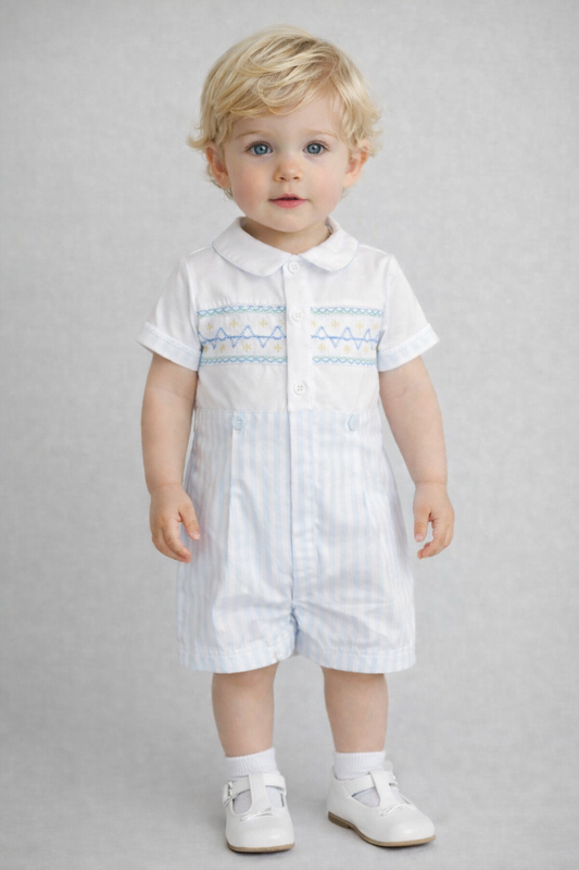 Pretty Originals Boys Blue & White Smocked Shorts Set