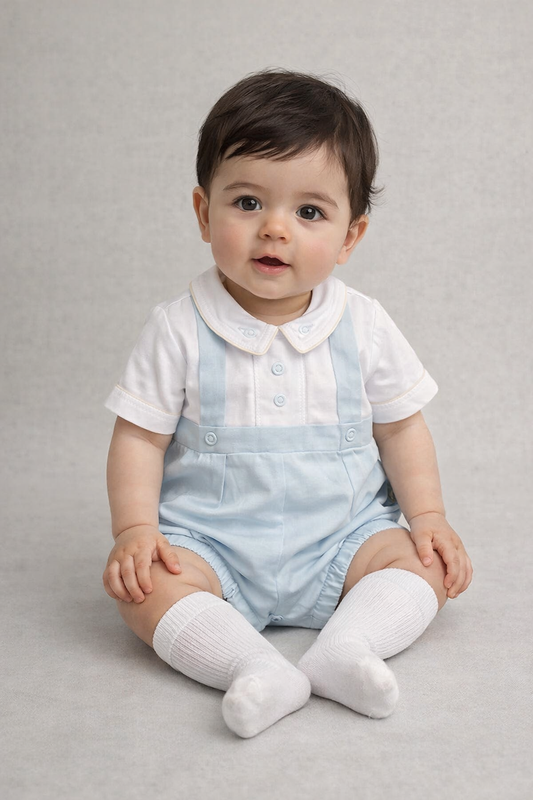 Pretty Originals Boys Blue & White Cotton Romper