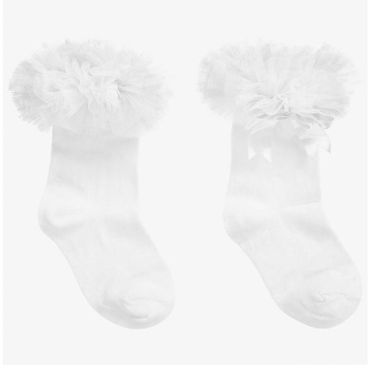 Caramelo Kids Baby Girl White Knee HighTutu Socks 0-6m