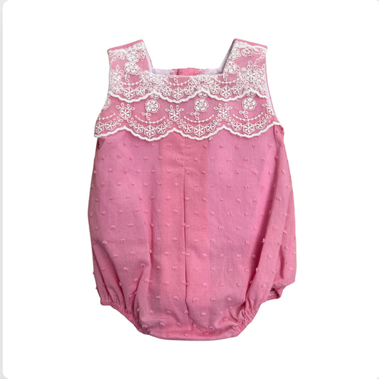Lor Miral Baby Girl Pink Cotton & Lace Romper