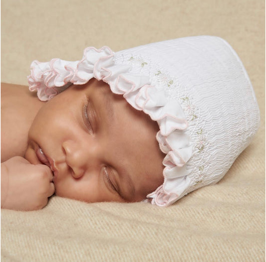Sarah Louise Baby Girl Pink Smocked Cotton Bonnet