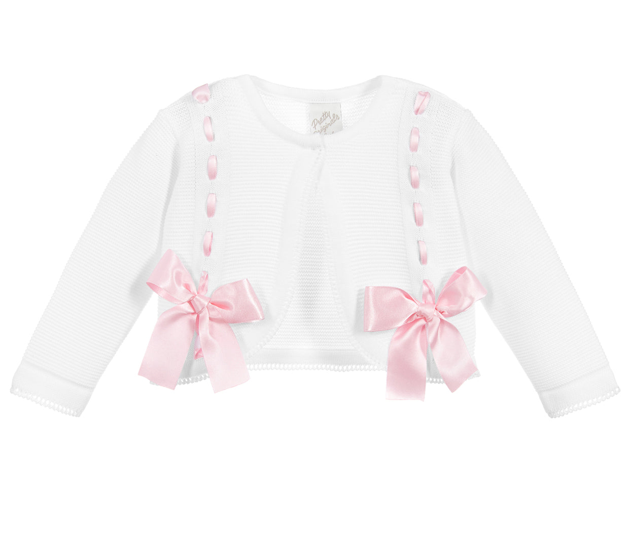 Pretty Originals Girls White Cardigan Pink Ribbon