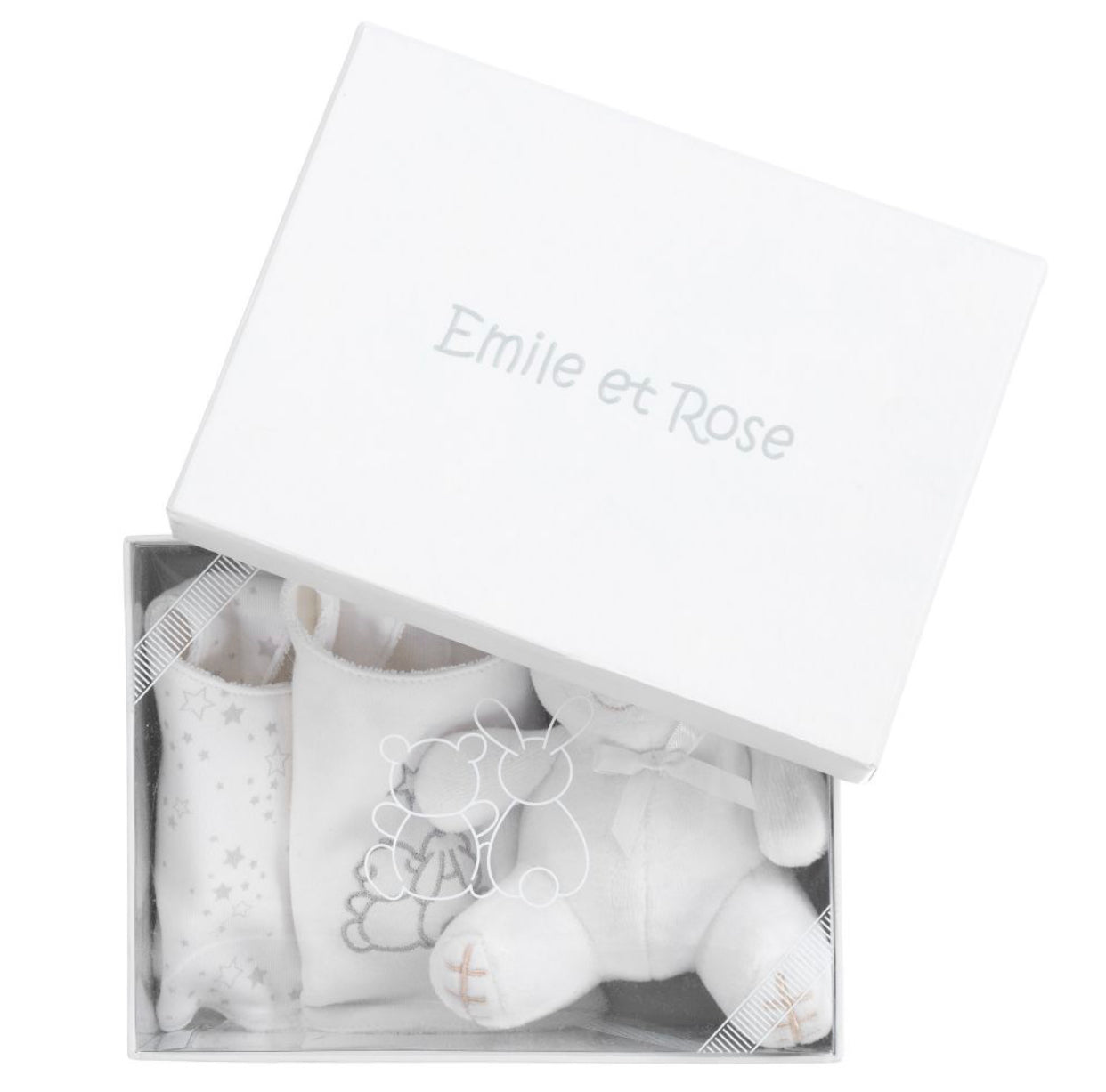 Emile et Rose Unisex Bibs and Teddy White Baby Gift set