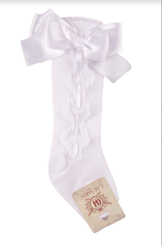 Caramelo Kids Girls White Knee High Bow socks