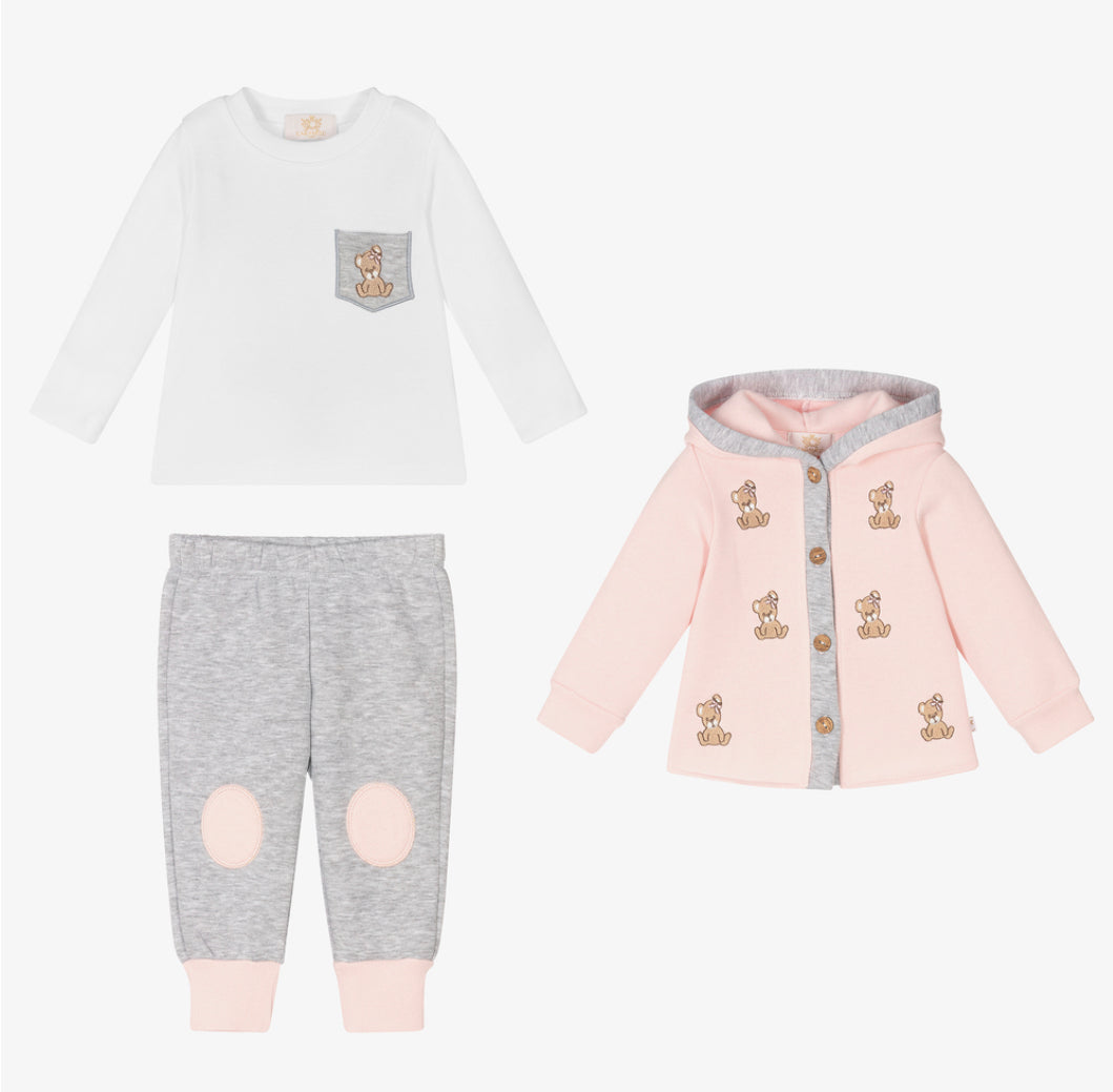 Caramelo Kids Pink & Grey Bear Tracksuit Set