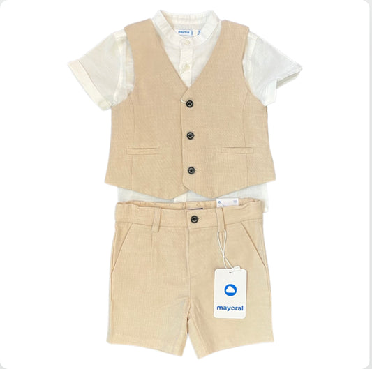 Mayoral Baby Boy Beige Waistcoat, Shorts & Shirt Set
