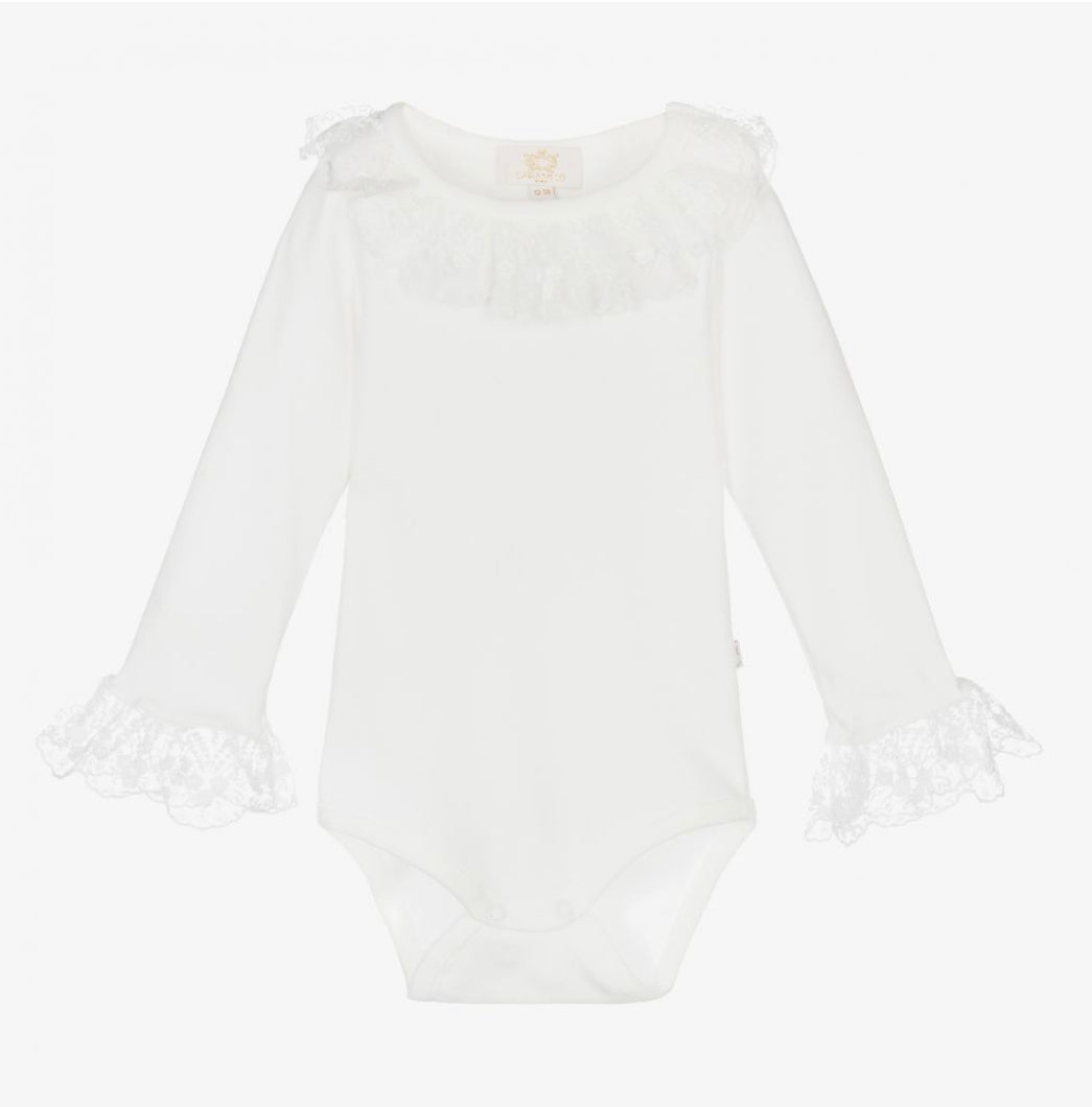 Caramelo Kids Baby Girl Ivory Cotton & Lace Long-sleeved Bodysuit