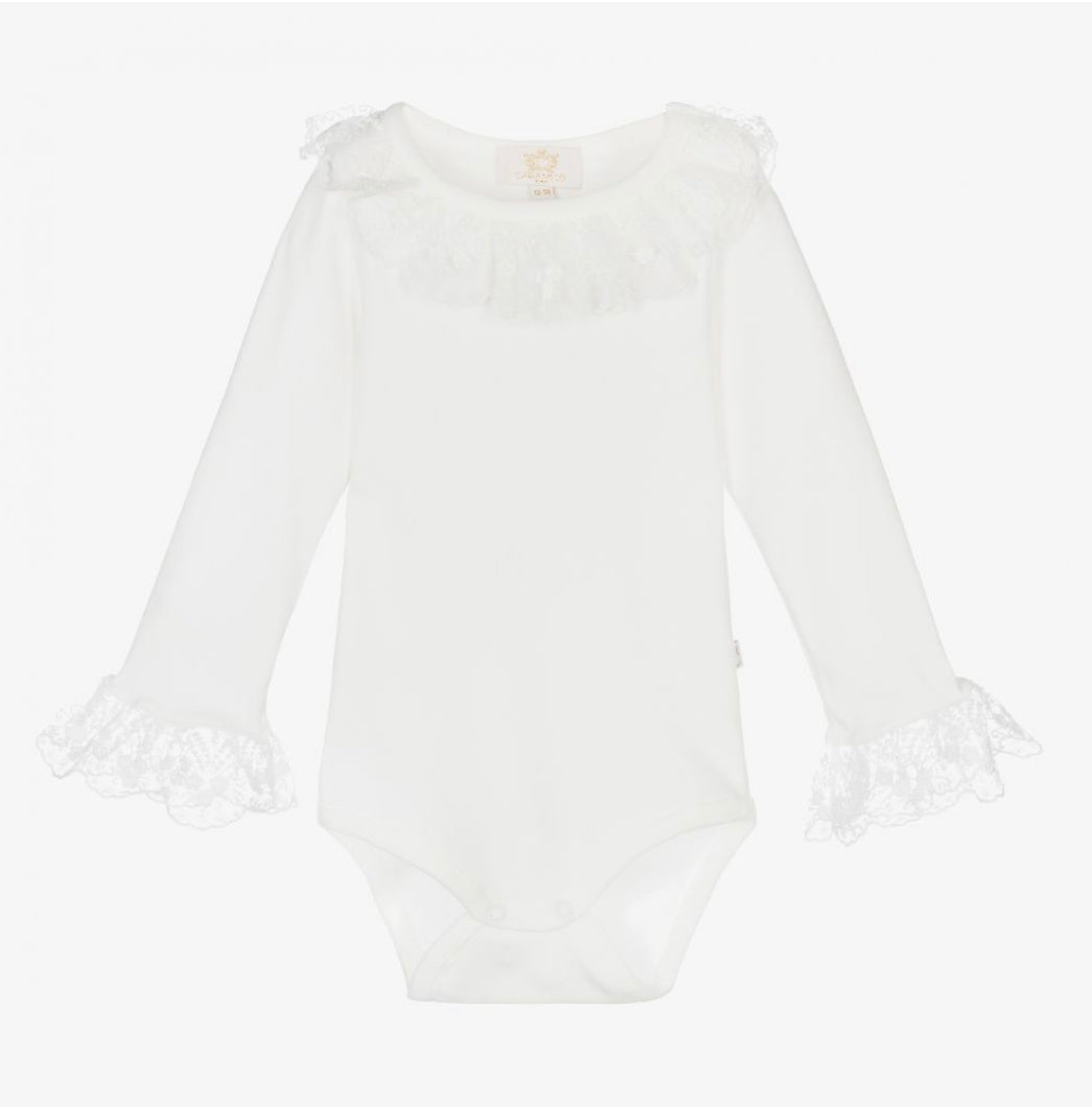Caramelo Kids Baby Girl Ivory Cotton & Lace Long-sleeved Bodysuit