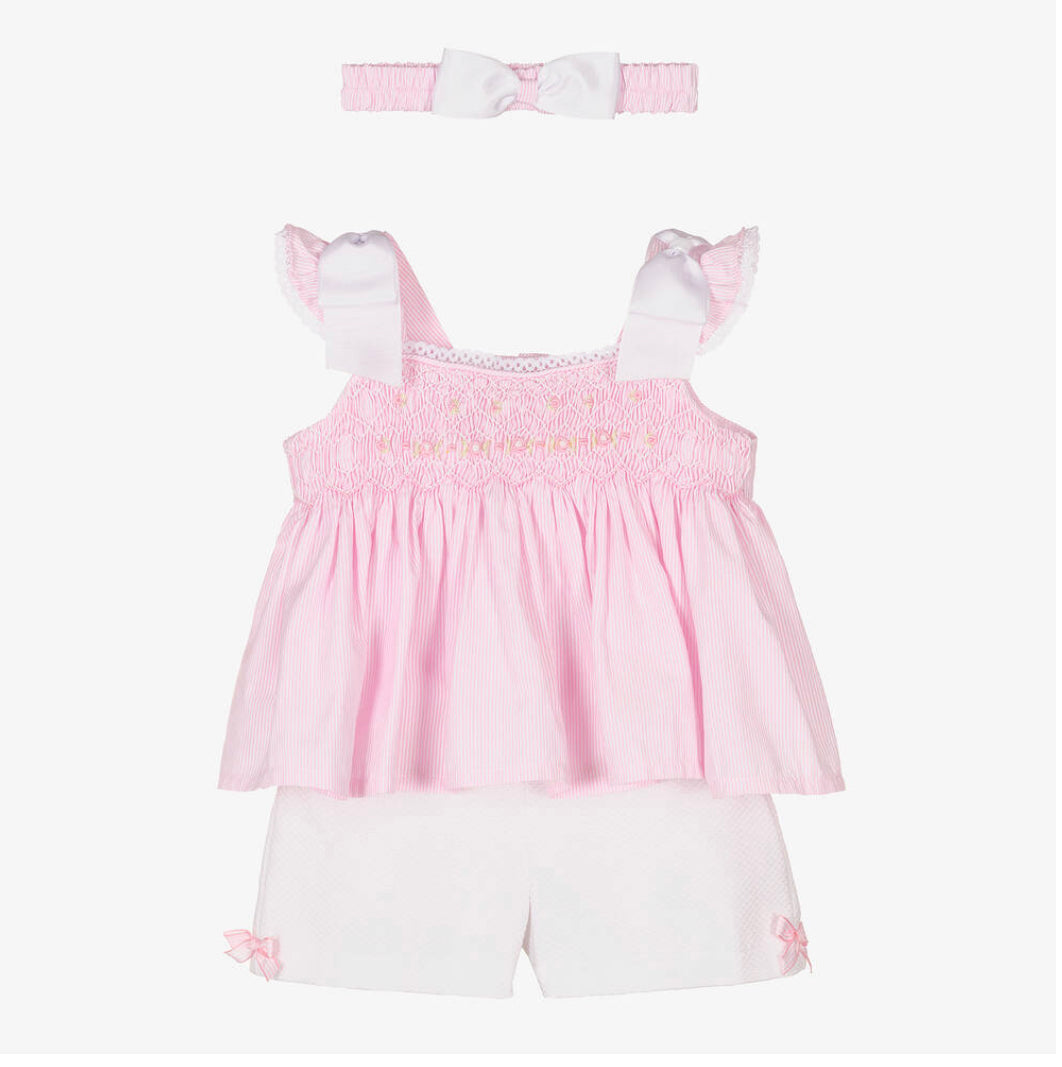 Pretty Originals Girls Pink & White Smocked Shorts Set