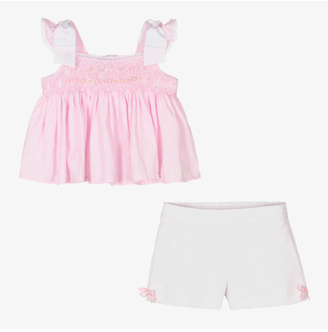 Pretty Originals Girls Pink & White Smocked Shorts Set