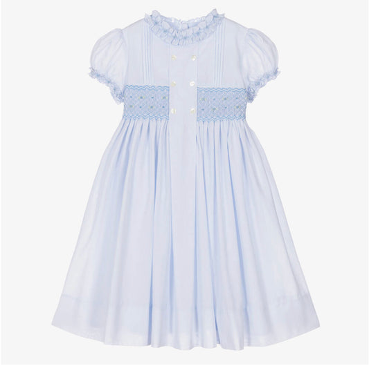 Sarah Louise Girls Blue Cotton Hand Smocked Dress