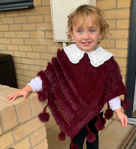 Caramelo Kids Girls Burgundy Knitted Poncho