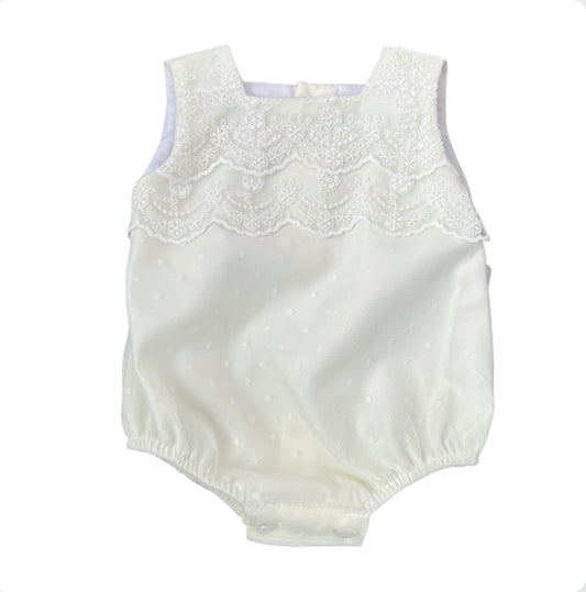 Lor Miral Unisex Baby Ivory Lace Romper
