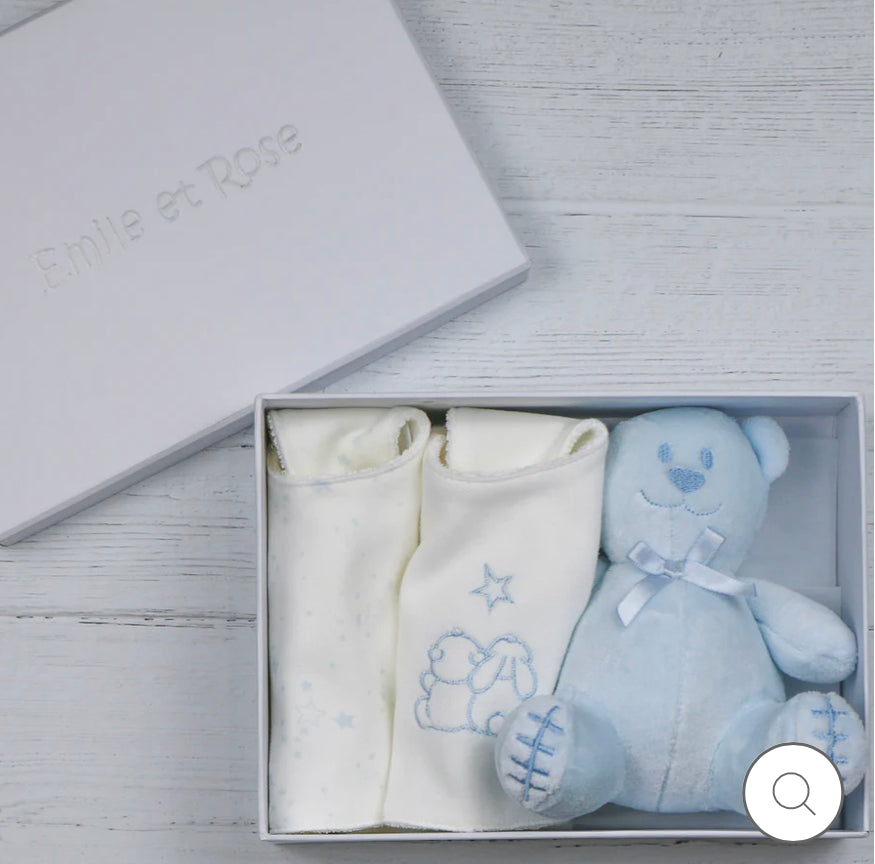 Emile et Rose Baby Blue Bibs and Teddy Gift set